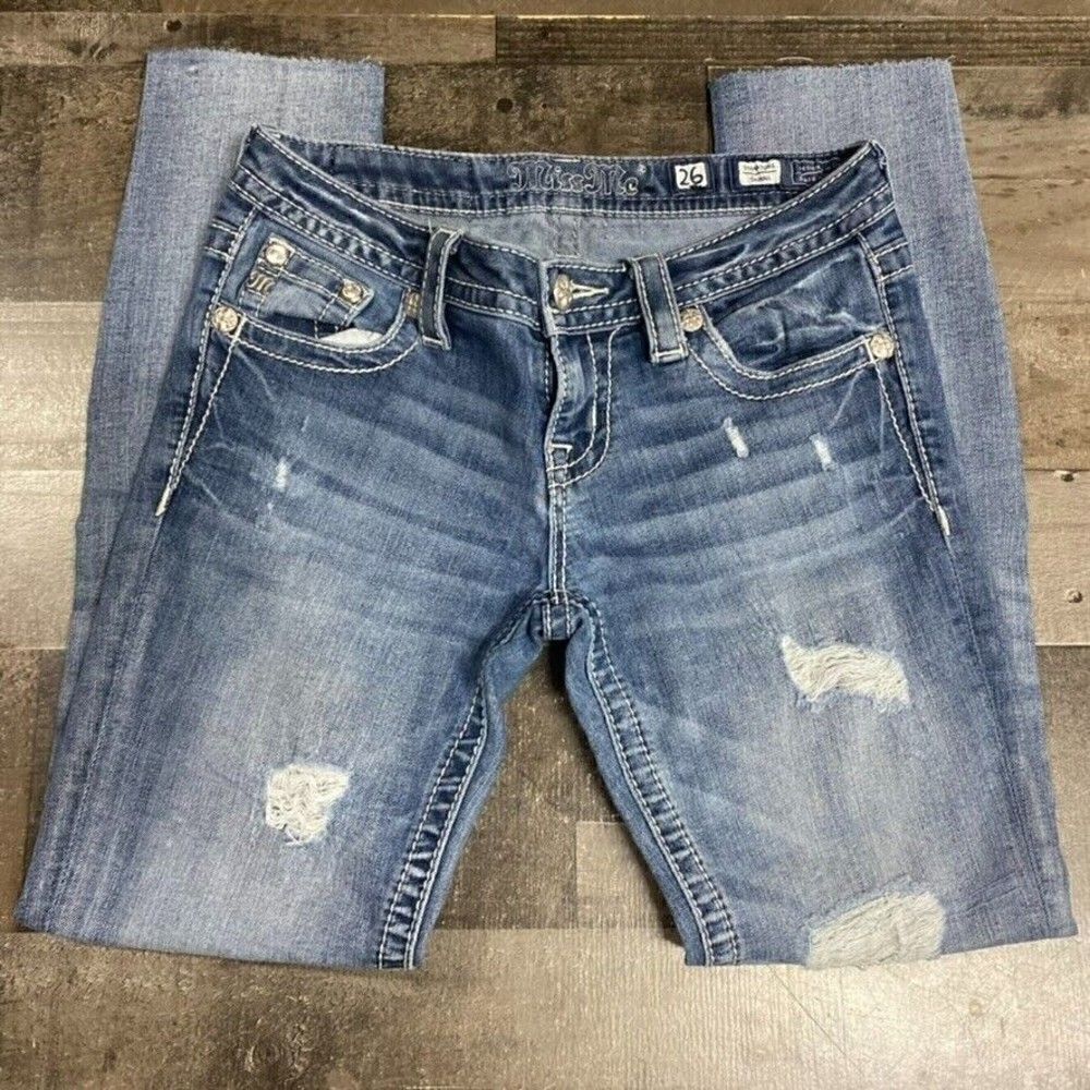 MISS ME blue LOW RISE signature SKINNY DENIM JEANS sz 26 stained